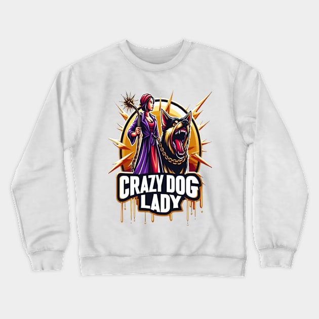 Crazy Dog Lady Emblem Featuring a Fierce Woman and Her Guard Dog Crewneck Sweatshirt by coollooks